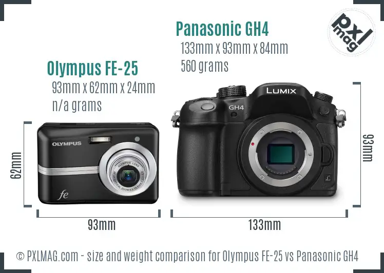 Olympus FE-25 vs Panasonic GH4 size comparison