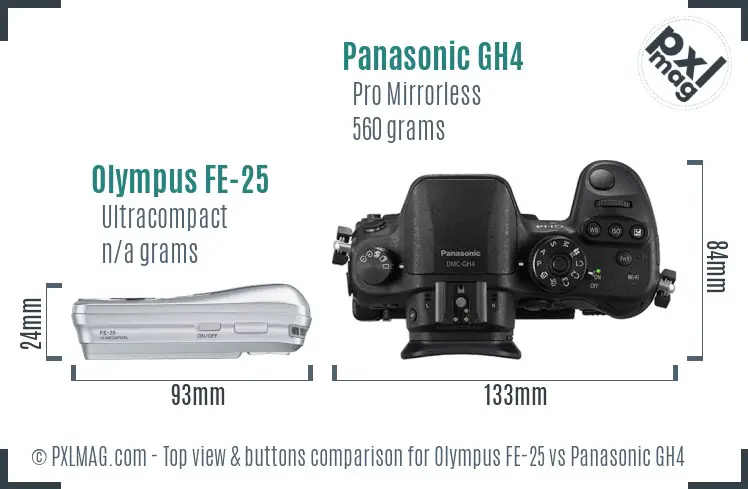 Olympus FE-25 vs Panasonic GH4 top view buttons comparison