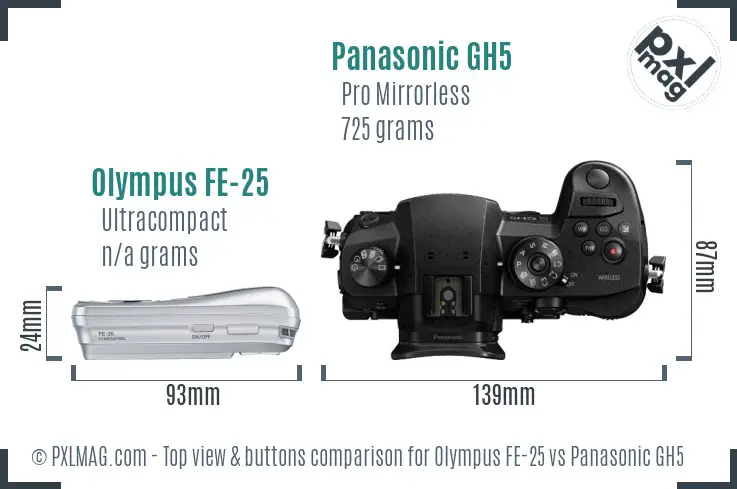 Olympus FE-25 vs Panasonic GH5 top view buttons comparison