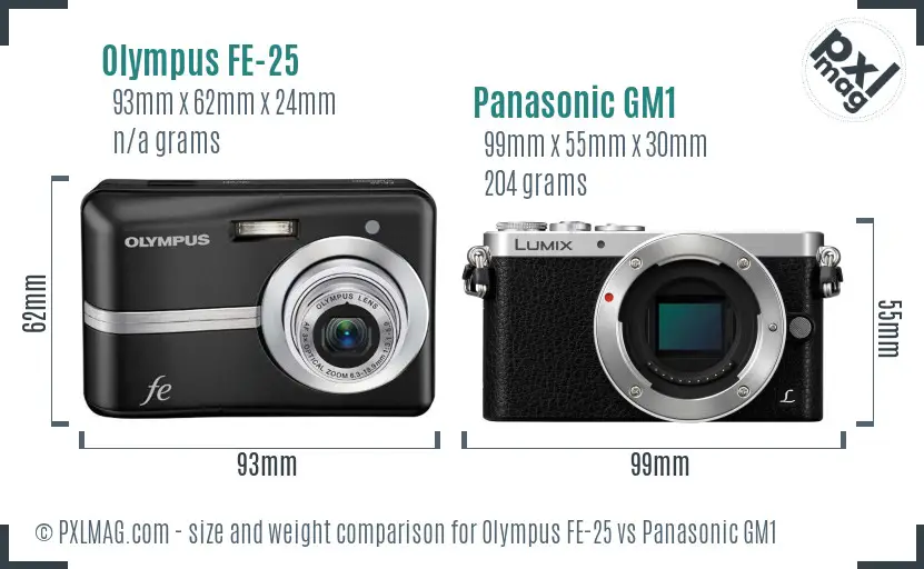 Olympus FE-25 vs Panasonic GM1 size comparison