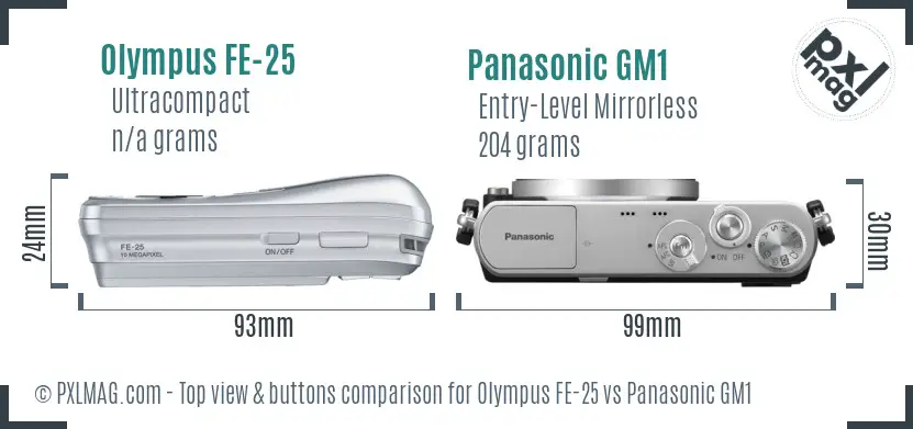 Olympus FE-25 vs Panasonic GM1 top view buttons comparison