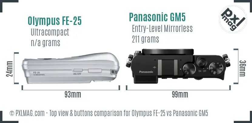 Olympus FE-25 vs Panasonic GM5 top view buttons comparison Olympus FE-25 vs Panasonic GM5 top view buttons comparison