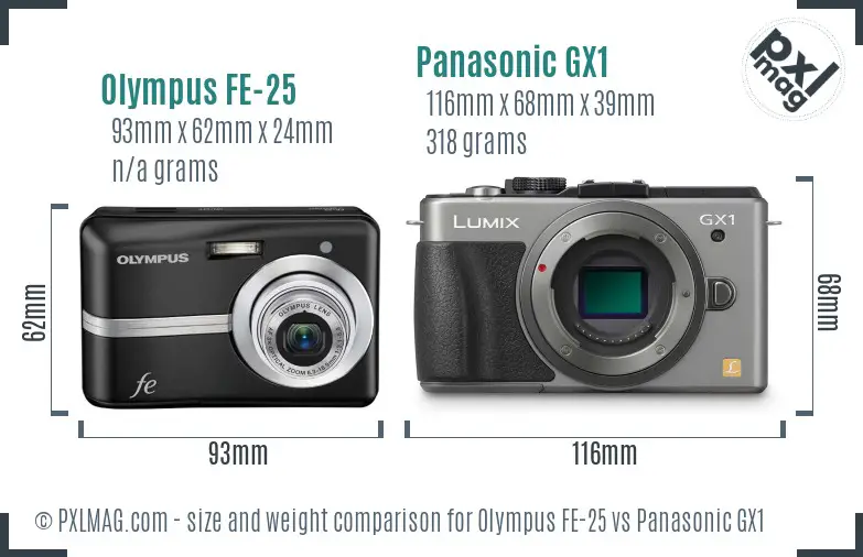 Olympus FE-25 vs Panasonic GX1 size comparison Olympus FE-25 vs Panasonic GX1 size comparison