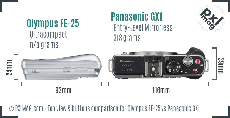 Olympus FE-25 vs Panasonic GX1 top view buttons comparison Olympus FE-25 vs Panasonic GX1 top view buttons comparison