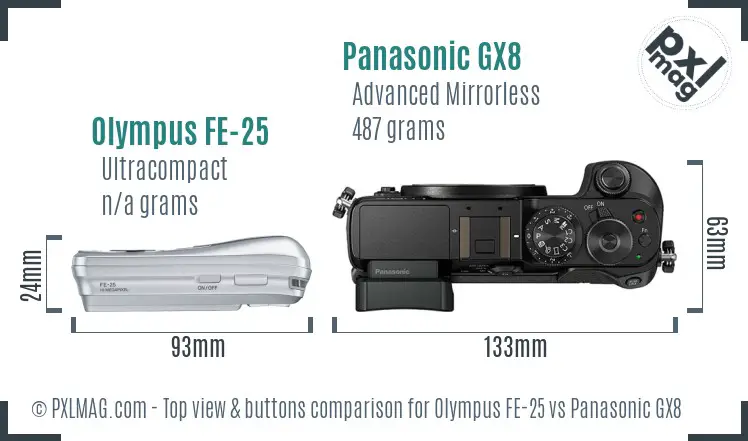 Olympus FE-25 vs Panasonic GX8 top view buttons comparison