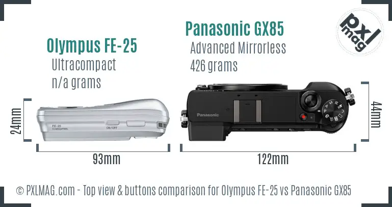Olympus FE-25 vs Panasonic GX85 top view buttons comparison Olympus FE-25 vs Panasonic GX85 top view buttons comparison