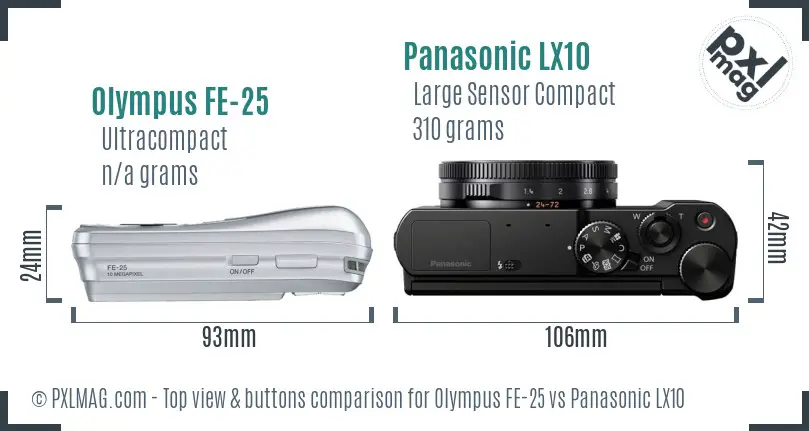 Olympus FE-25 vs Panasonic LX10 top view buttons comparison