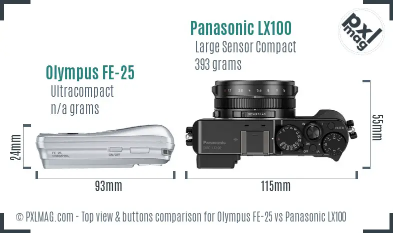 Olympus FE-25 vs Panasonic LX100 top view buttons comparison Olympus FE-25 vs Panasonic LX100 top view buttons comparison
