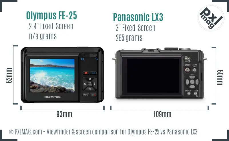 Olympus FE-25 vs Panasonic LX3 Screen and Viewfinder comparison