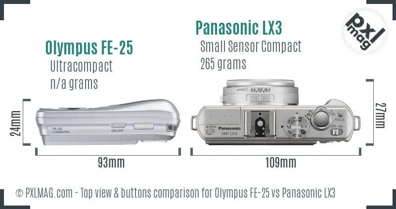 Olympus FE-25 vs Panasonic LX3 top view buttons comparison