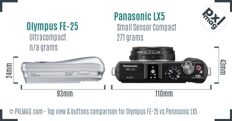 Olympus FE-25 vs Panasonic LX5 top view buttons comparison