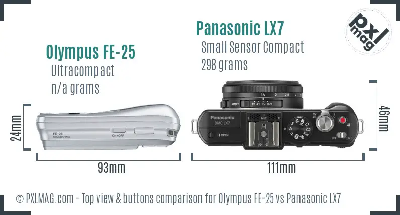 Olympus FE-25 vs Panasonic LX7 top view buttons comparison Olympus FE-25 vs Panasonic LX7 top view buttons comparison