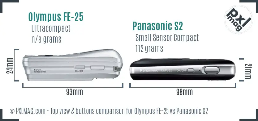 Olympus FE-25 vs Panasonic S2 top view buttons comparison