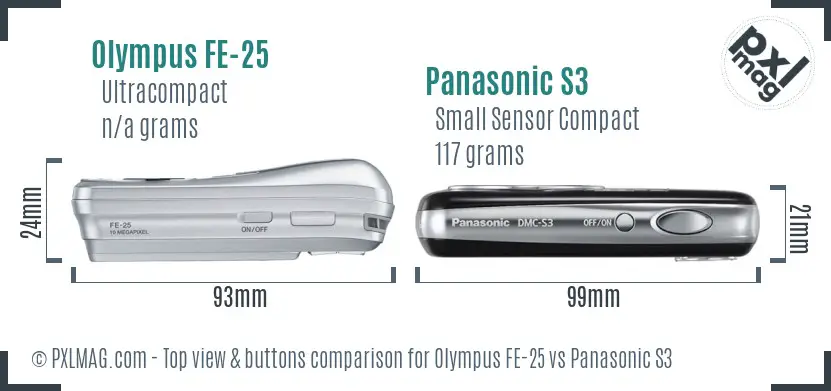 Olympus FE-25 vs Panasonic S3 top view buttons comparison