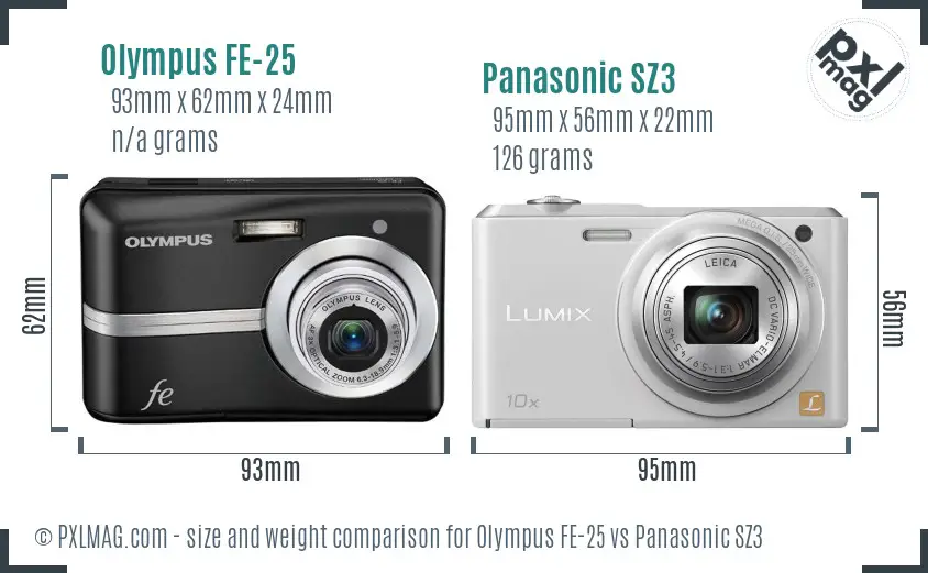 Olympus FE-25 vs Panasonic SZ3 size comparison