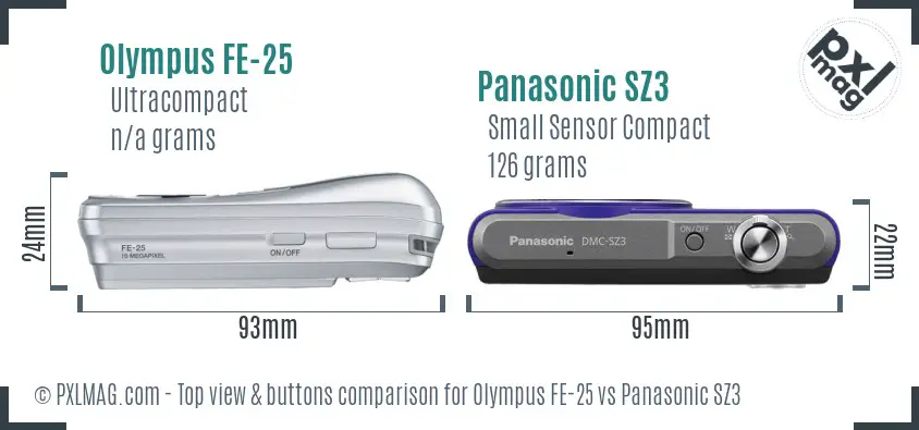 Olympus FE-25 vs Panasonic SZ3 top view buttons comparison