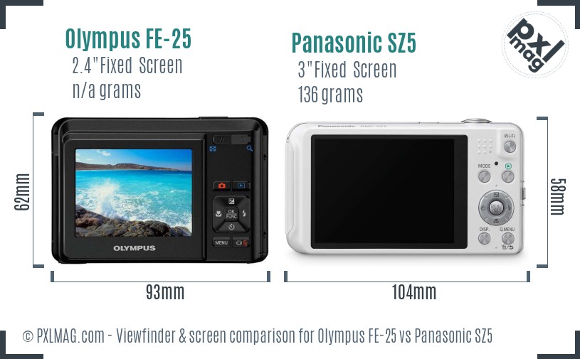 Olympus FE-25 vs Panasonic SZ5 Screen and Viewfinder comparison