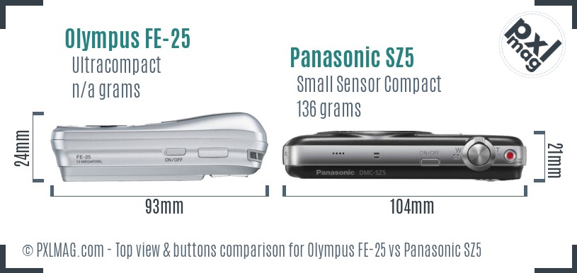 Olympus FE-25 vs Panasonic SZ5 top view buttons comparison