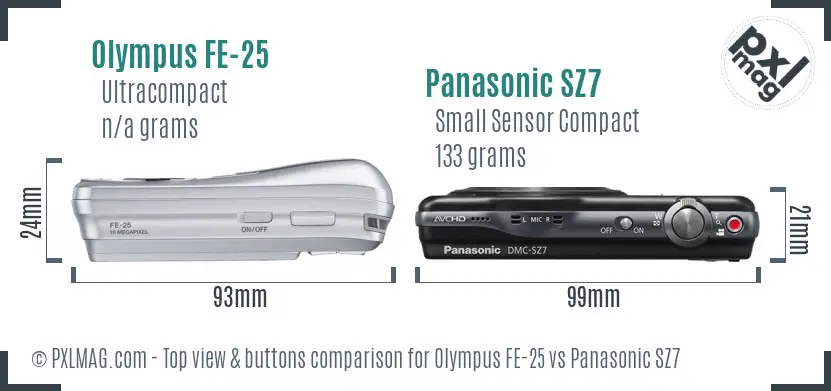 Olympus FE-25 vs Panasonic SZ7 top view buttons comparison