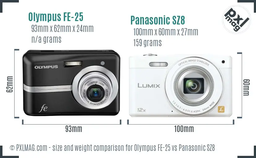 Olympus FE-25 vs Panasonic SZ8 size comparison