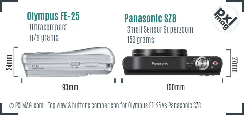 Olympus FE-25 vs Panasonic SZ8 top view buttons comparison