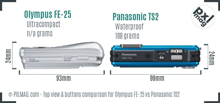 Olympus FE-25 vs Panasonic TS2 top view buttons comparison Olympus FE-25 vs Panasonic TS2 top view buttons comparison