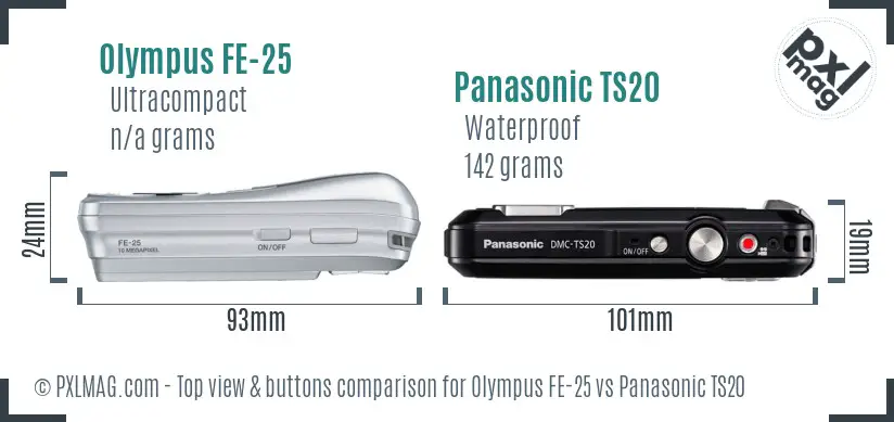 Olympus FE-25 vs Panasonic TS20 top view buttons comparison Olympus FE-25 vs Panasonic TS20 top view buttons comparison