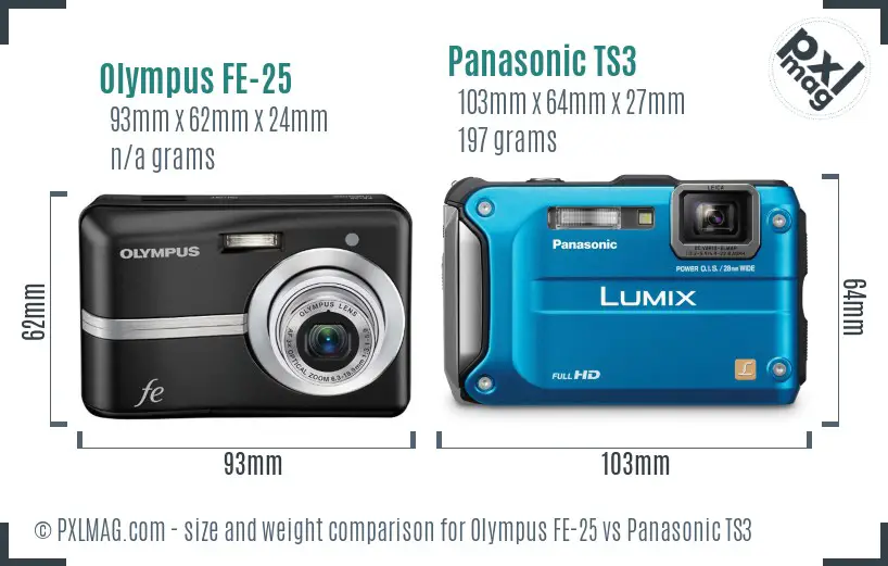 Olympus FE-25 vs Panasonic TS3 size comparison