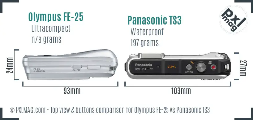 Olympus FE-25 vs Panasonic TS3 top view buttons comparison