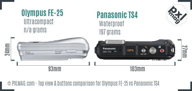 Olympus FE-25 vs Panasonic TS4 top view buttons comparison