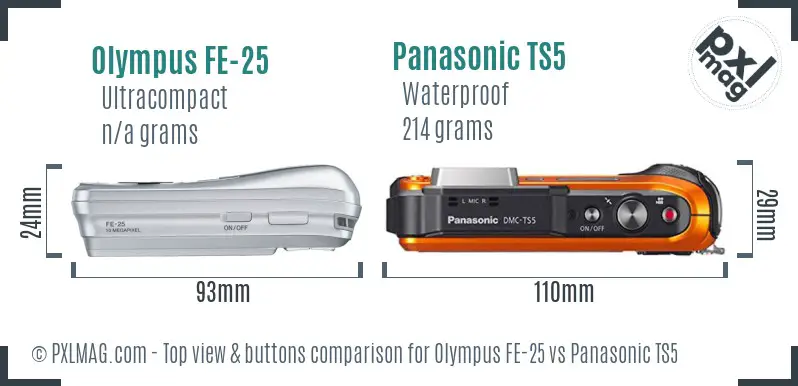 Olympus FE-25 vs Panasonic TS5 top view buttons comparison