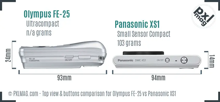 Olympus FE-25 vs Panasonic XS1 top view buttons comparison