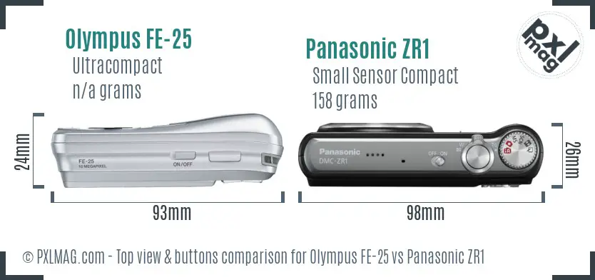 Olympus FE-25 vs Panasonic ZR1 top view buttons comparison