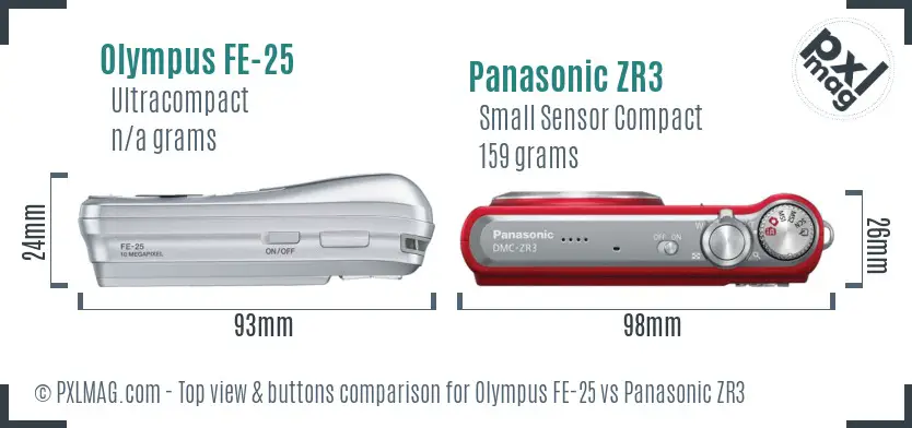 Olympus FE-25 vs Panasonic ZR3 top view buttons comparison