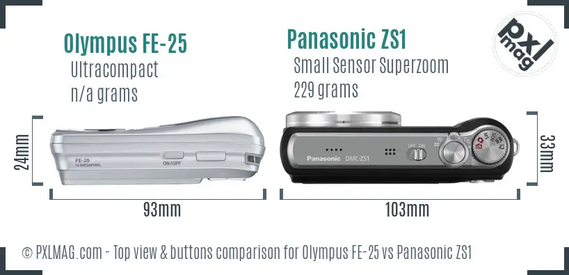 Olympus FE-25 vs Panasonic ZS1 top view buttons comparison