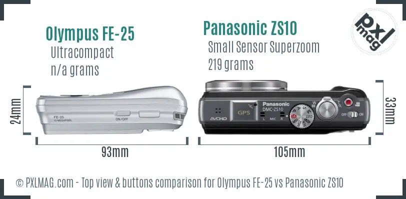 Olympus FE-25 vs Panasonic ZS10 top view buttons comparison