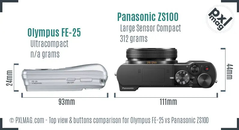 Olympus FE-25 vs Panasonic ZS100 top view buttons comparison