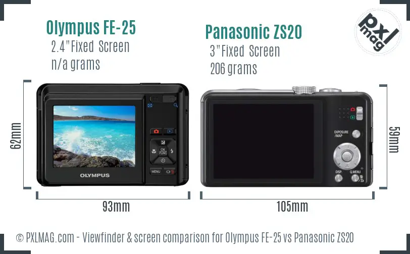 Olympus FE-25 vs Panasonic ZS20 Screen and Viewfinder comparison
