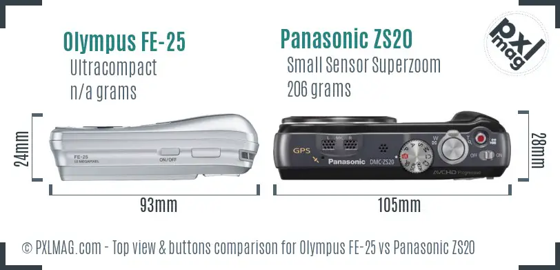 Olympus FE-25 vs Panasonic ZS20 top view buttons comparison