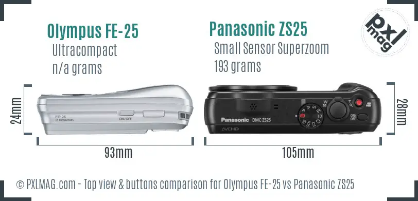 Olympus FE-25 vs Panasonic ZS25 top view buttons comparison