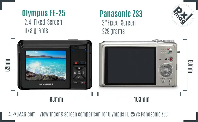 Olympus FE-25 vs Panasonic ZS3 Screen and Viewfinder comparison