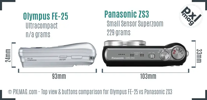 Olympus FE-25 vs Panasonic ZS3 top view buttons comparison