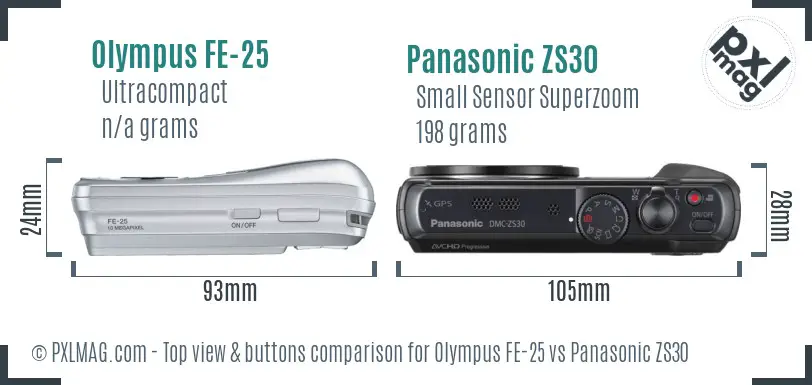 Olympus FE-25 vs Panasonic ZS30 top view buttons comparison