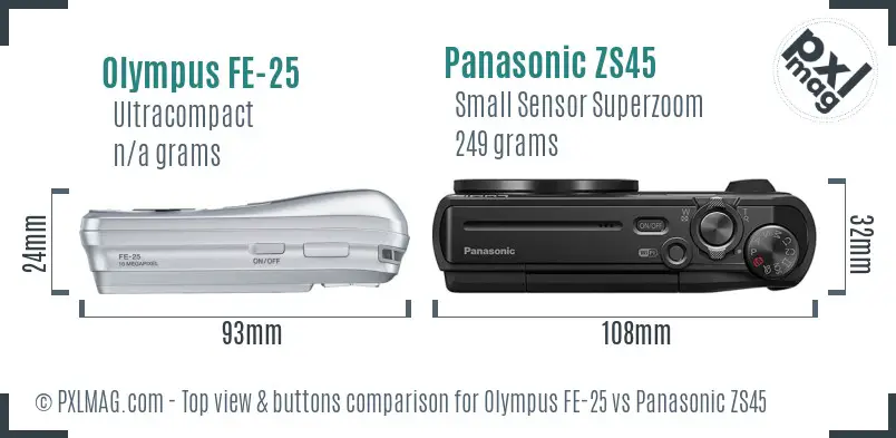 Olympus FE-25 vs Panasonic ZS45 top view buttons comparison