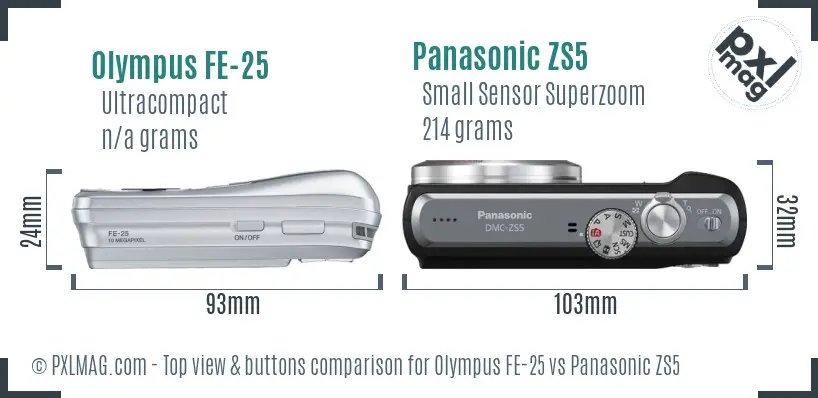Olympus FE-25 vs Panasonic ZS5 top view buttons comparison