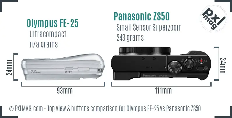 Olympus FE-25 vs Panasonic ZS50 top view buttons comparison