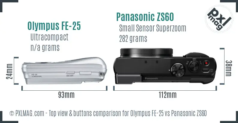 Olympus FE-25 vs Panasonic ZS60 top view buttons comparison