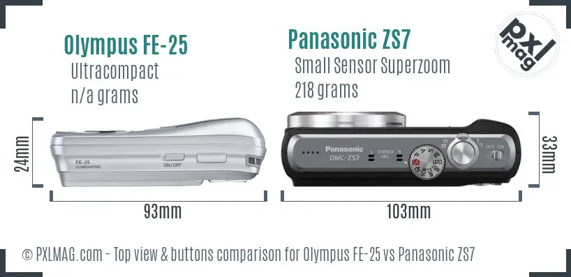 Olympus FE-25 vs Panasonic ZS7 top view buttons comparison
