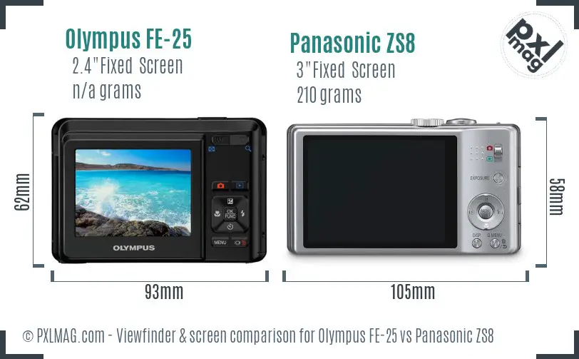 Olympus FE-25 vs Panasonic ZS8 Screen and Viewfinder comparison