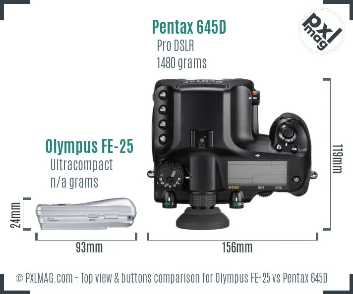 Olympus FE-25 vs Pentax 645D top view buttons comparison